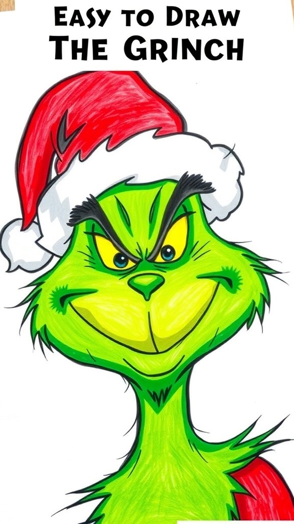 A step-by-step drawing of the Grinch in a Santa hat, with colorful details and a festive theme.